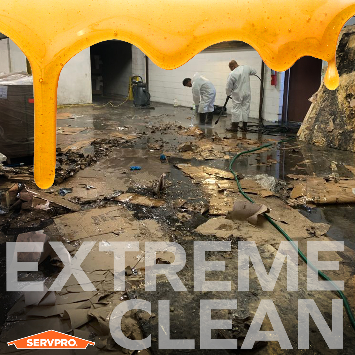 You might say we got into a sticky situation with this extreme clean. 100 gallons of tapioca syrup were cleaned up by the local SERVPRO crew after two barrels tipped over on the warehouse floor.