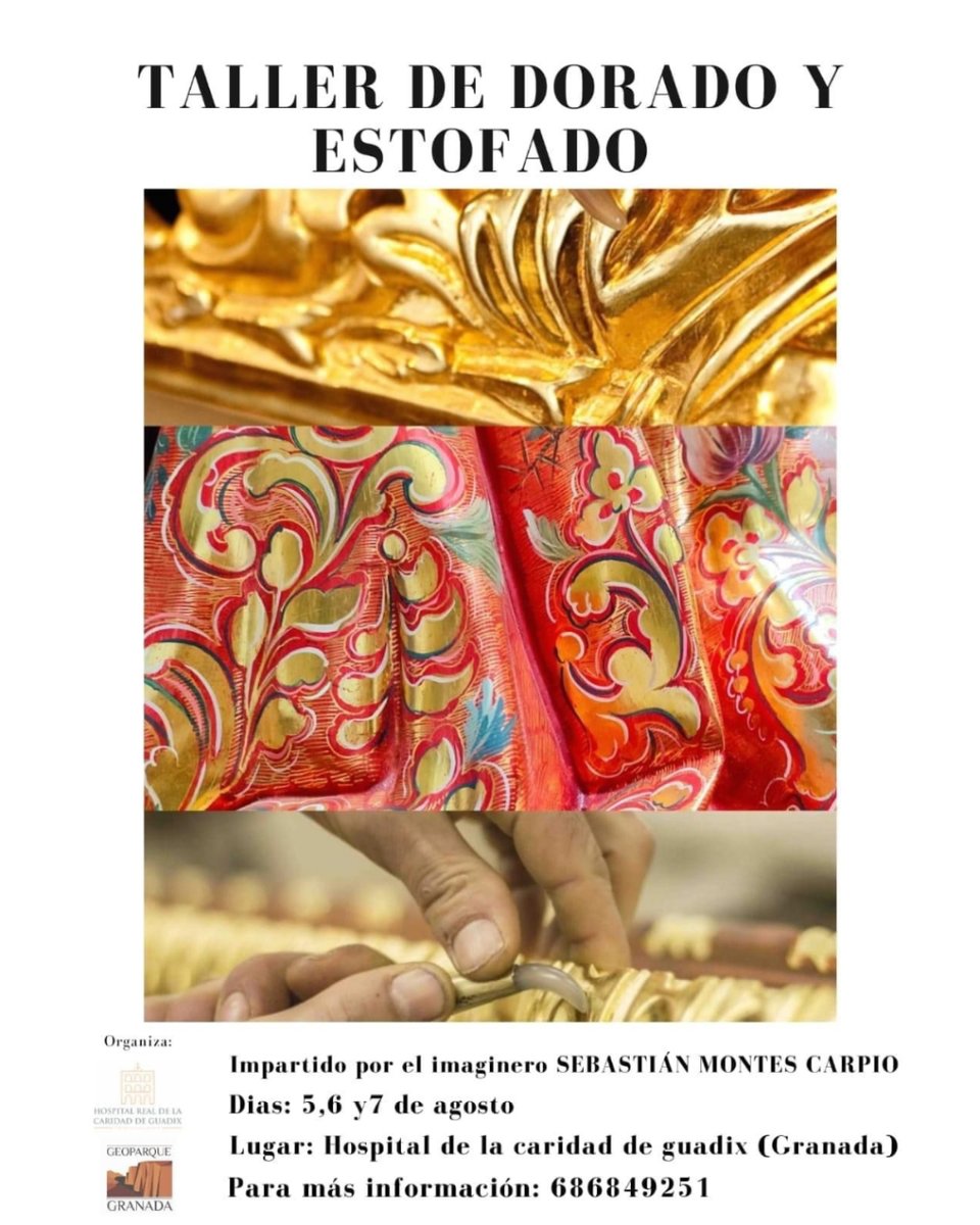 En el #GeoparquedeGranada tenemos propuestas culturales sorprendentes y de altísima calidad. Sirva como ejemplo el taller sobre Dorado y Estofado en #Imaginería, impartido por el imaginero SEBASTIÁN MONTES CARPIO en el Hospital Real de #Guadix.

5, 6 y 7 de agosto.
Tel 686849251