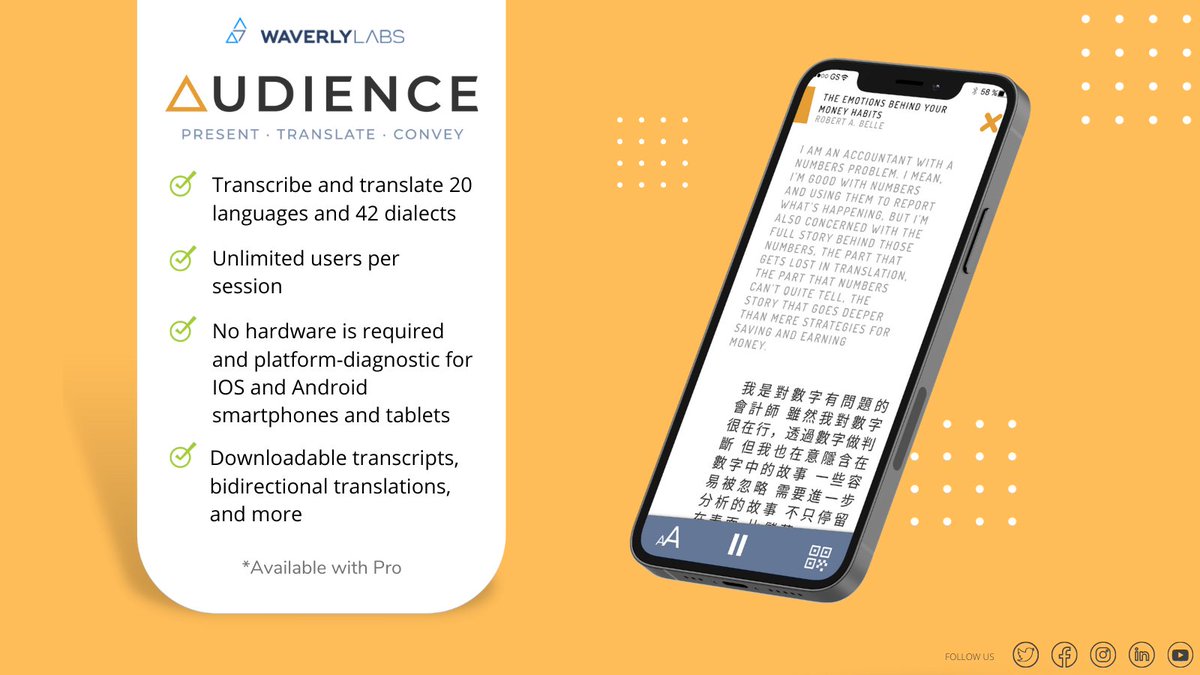 waverlylabsinc's tweet photo. Audience is an app that lets users translate a speaker's words into their own language via audio or text by scanning a QR code and selecting their chosen language.

#Interpreter
#NoLanguageBarriers https://t.co/0ZgTIO7sLz