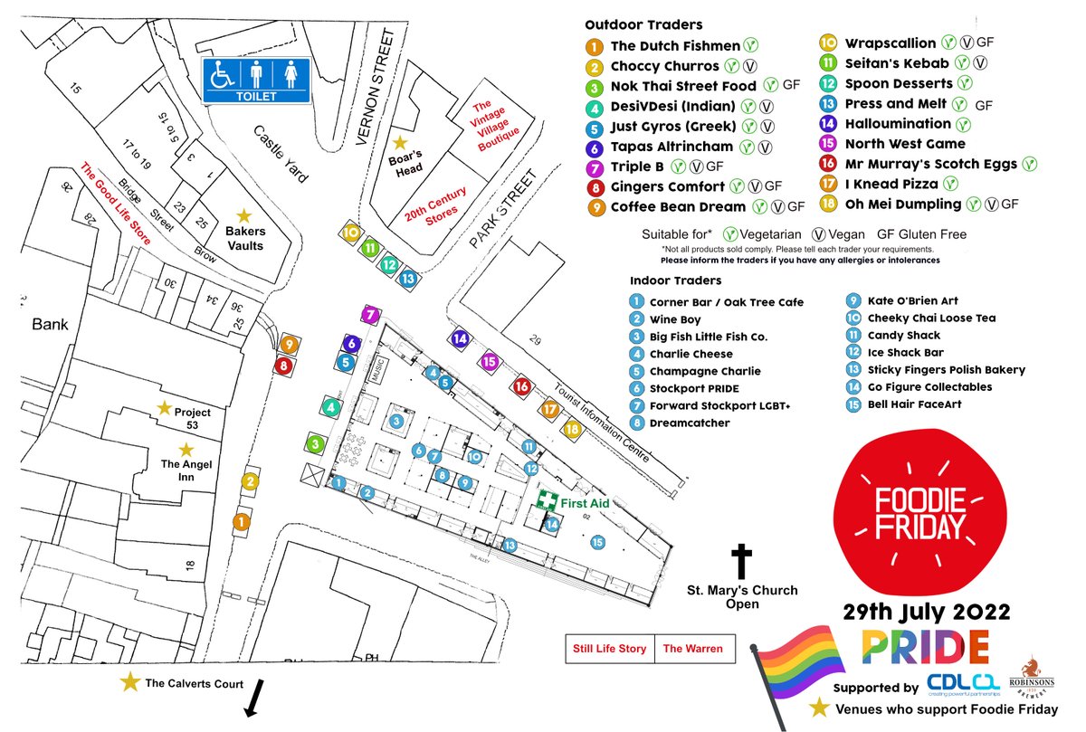 Please share our trader map for our Pride Foodie Friday celebrating <a href="/StockportPride/">Stockport Pride</a> this Friday! We have one of our biggest line-ups of street food traders &amp; some great entertainment from @LilyBristow @XanderAccess The Viaducts &amp; <a href="/ailsamcphee/">Ailsa</a> from The Daily Dance. #skfoodiefriday