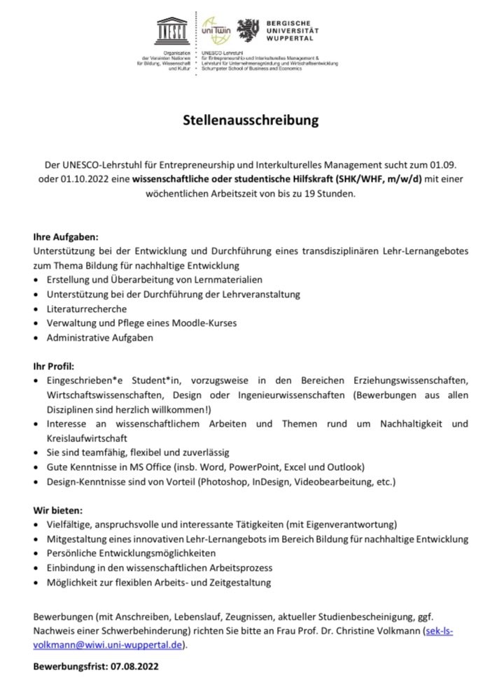 Wir suchen aktuell eine studentische/wissenschaftliche Hilfskraft zur Unterstützung bei einem Lehrprojekt zu transdisziplinärer #BNE gefördert durch <a href="/inno_lehre/">Stiftung Innovation in der Hochschullehre</a> <a href="/Uni_Wuppertal/">Bergische Universität Wuppertal</a> @blickfeldwtal