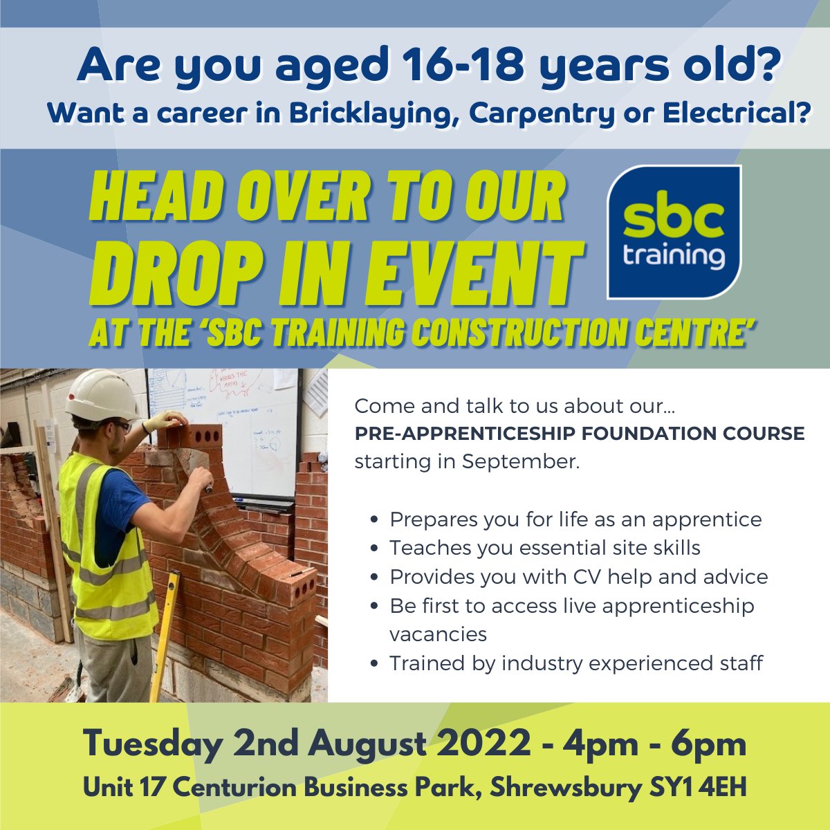 Do you know someone aged 16 - 18? That is interested in a career in the #construction industry? Check out our Drop In Event to talk about our Pre-apprenticeship Foundation Course. No need to book, just 'drop in' for a chat 🙌
#sbctraining #shropshireapprenticeships #schoolleavers