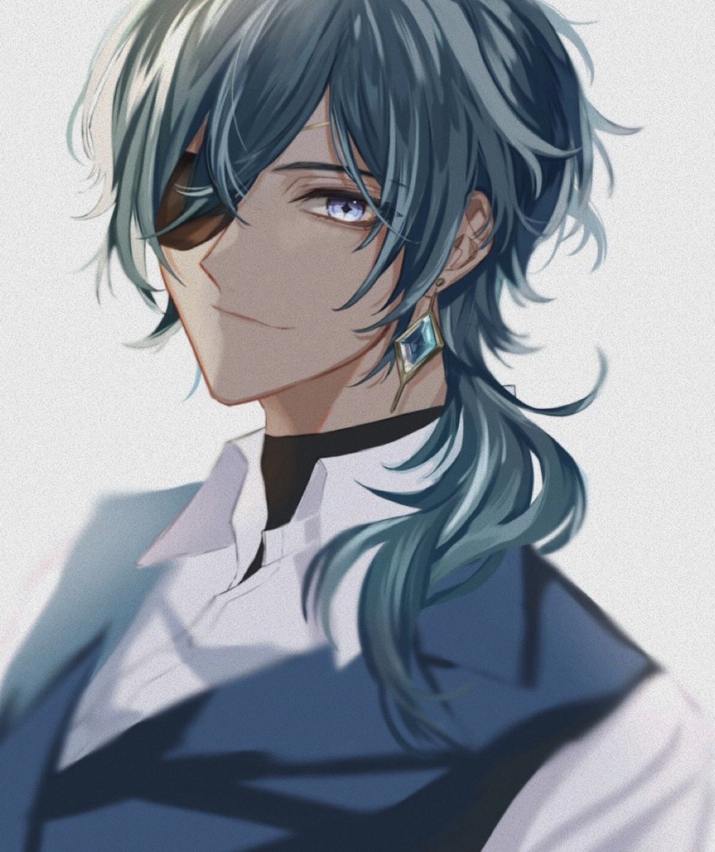 kaeya (genshin impact) 1boy male focus jewelry solo blue hair earrings eyepatch  illustration images