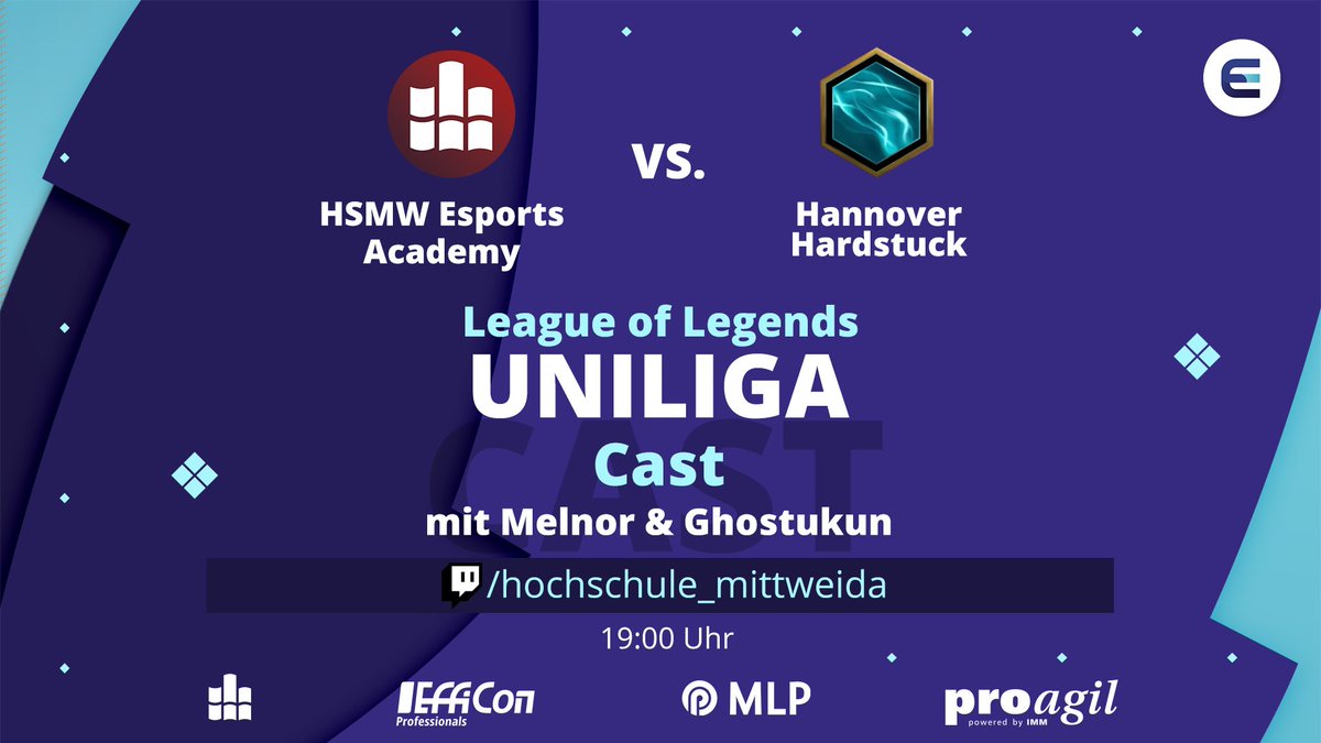 Heute Abend gibt es wieder einen Cast! 
👉Unser Academy Team tritt in den <a href="/uniligaGG/">Uniliga</a>-Playoffs gegen das Team Hannover Hardstuck an. 

🕖 19:00 Uhr
🆚 <a href="/HannoverEsports/">Hannover Esport</a>
 🎙️  gecastet von <a href="/M3ln0r/">Marc Peter</a> und <a href="/Ghostukun/">Ghostukun</a>
 📺 twitch.tv/hochschule_mit…