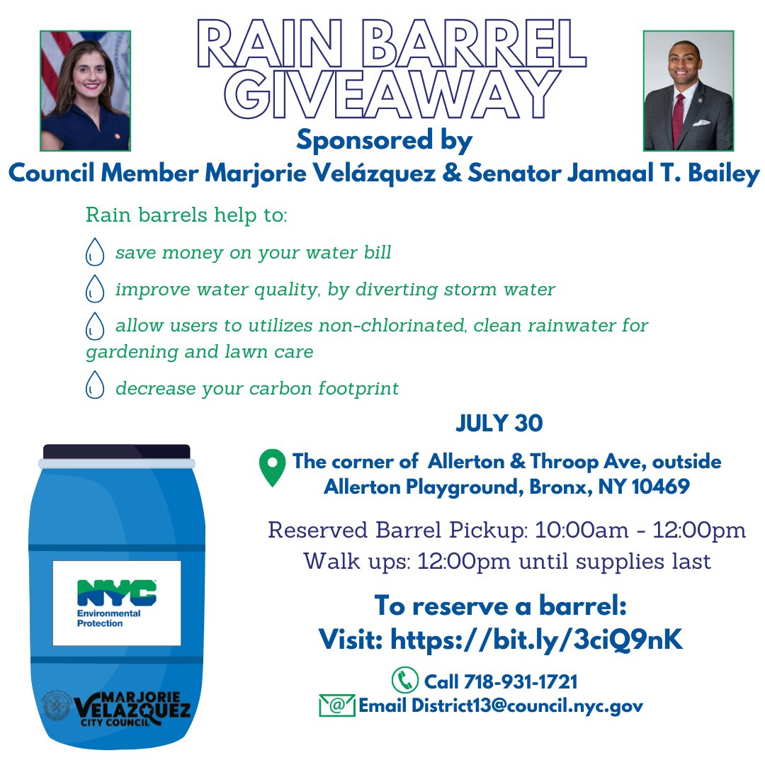 Rain Barrel Giveaway

🗓 Saturday, July 30
📍the corner of Allerton Ave and Throop Ave, outside Allerton Playground, Bronx, NY 10469
🛢 Reserve your barrel: bit.ly/3ciQ9nK