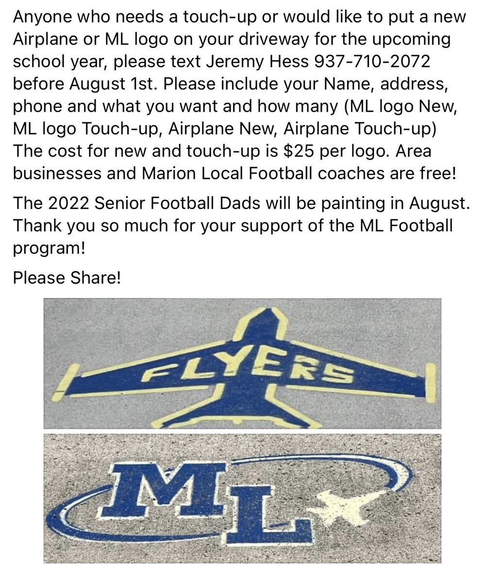 MarionCBaseball's tweet photo. The ML Football dads will be out tonight painting. Text me at 937-710-2072 if you want added to the list. 
Please Share!
Thanks https://t.co/W1HuS6Ma48