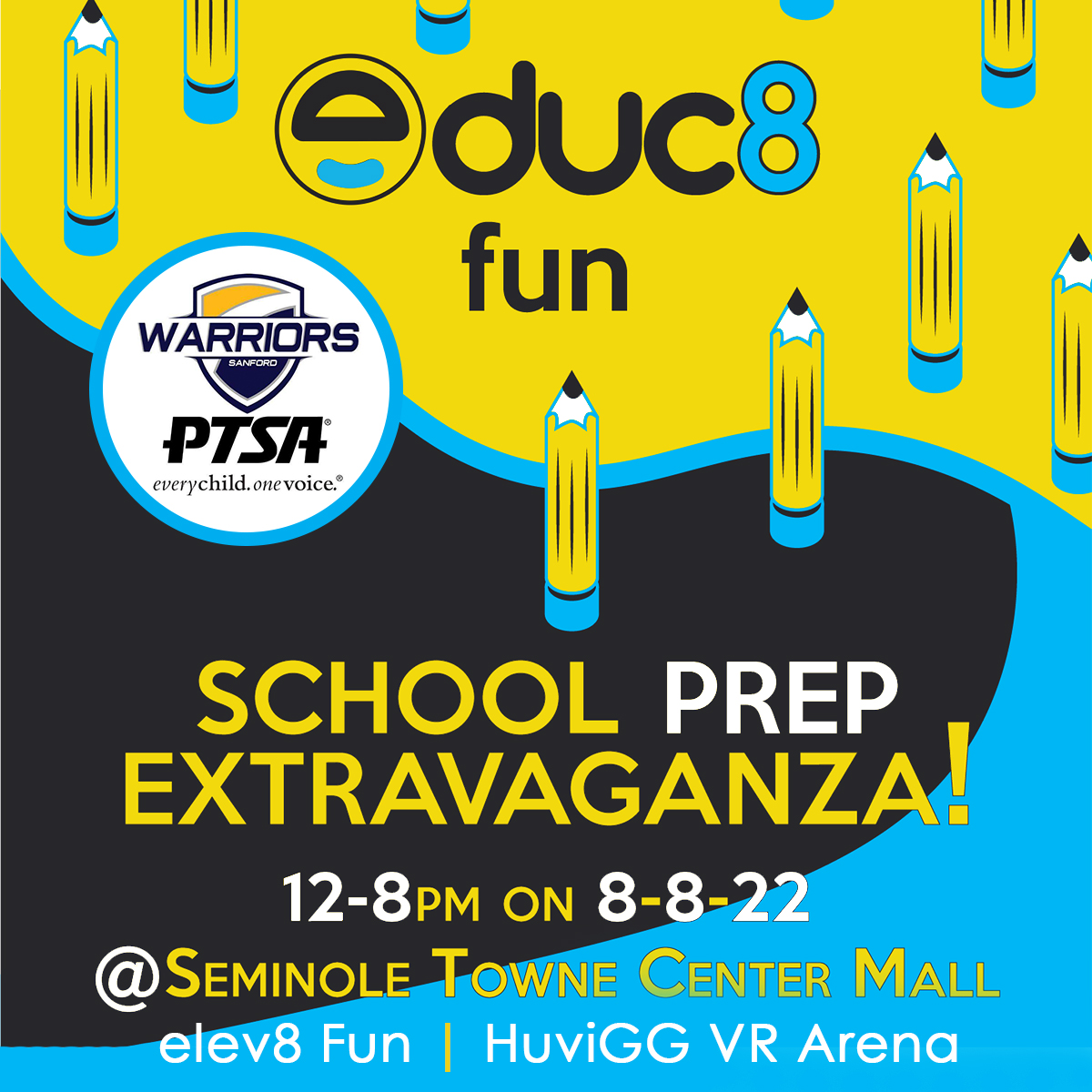 Come to the Seminole Towne Center Mall on 8/8/22 from 12-8pm and enjoy one last blast of fun before the school year begins.

Visit either elev8 Fun or Hugvigg VR Arena during the time listed above and pick up free swag.  8% of proceeds will be donated benefiting SMS.