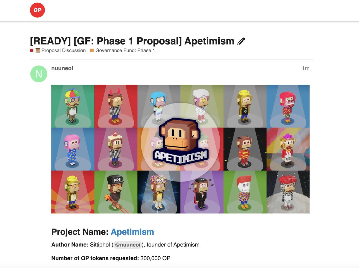 [Mini announcement] A proposal for OP governance fund for <a href="/apetimism/">Apetimism🔴 | Apebitrum💙🧡 | Sold Out</a> is submitted. =) gov.optimism.io/t/ready-gf-pha…