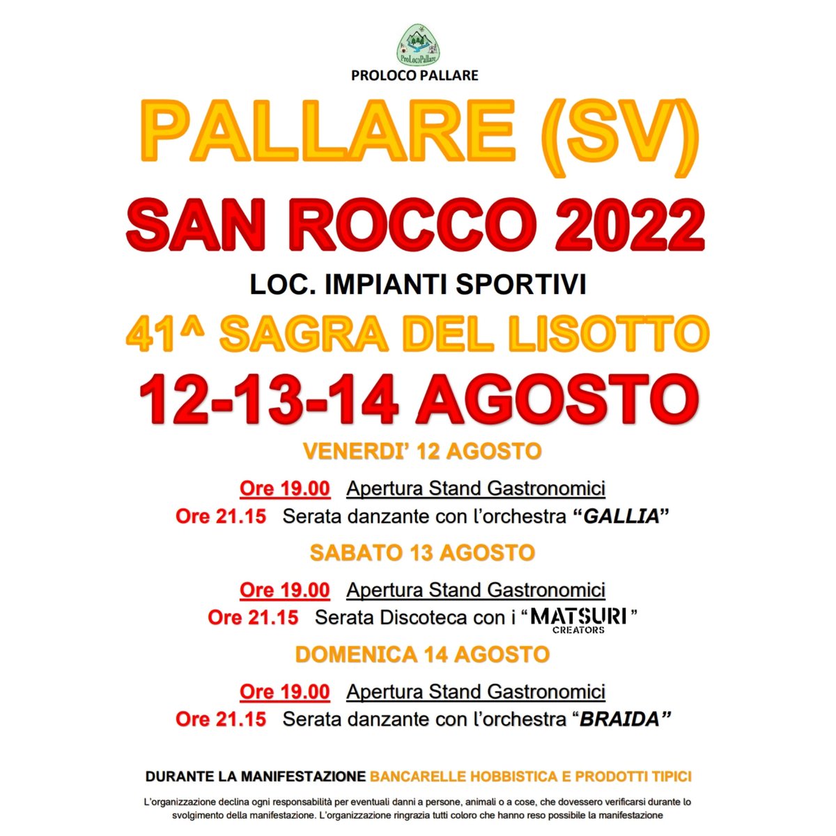 ProLocoPallare's tweet photo. VI ASPETTIAMO DAL 12 AL 14 AGOSTO 📅📍, CON LA "42^ SAGRA DEL LISOTTO". ✨🎉

TRE SERE DI BUON CIBO 😋, LISOTTI (PRODOTTO https://t.co/EIoD6U63aU.) 🤤 E BUONA MUSICA 🎶, PRESSO L'AREA FESTE DEGLI IMPIANTI SPORTIVI DI PALLARE! 

SPARGETE LA VOCE! 🗣️
VI ASPETTIAMO NUMEROSI! 🤗 https://t.co/LGo9wtn1aP