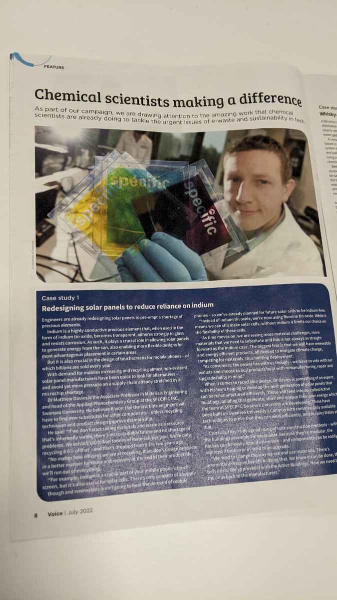 SUNRISEnet1's tweet photo. 🌞Several SUNRISE members were featured in the latest @RoySocChem Voice magazine
👉Recognition for @ProfDaveWorsley & Prof Durrant's Jubilee Honours
👉@mldavies04 on designing more sustainable #SolarPanels
👉@SatishIISc on bringing power to rural communities in India https://t.co/BR4TxvmD2H