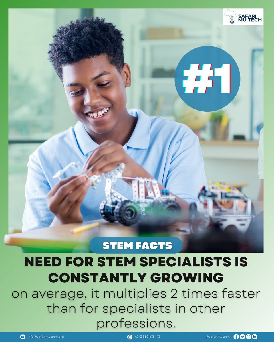 👨🏾‍💻 #STEM  education popularizes technical professions among young people, such as those in fields of engineering and IT, as well as raises awareness for career opportunities in these areas of expertise. 
#safarimutech #technology #Science  #StemEducation #Africa #facts