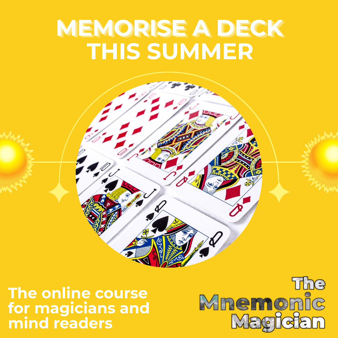 magicmemoryuk's tweet image. Make memories this summer. Magicians and Mind Readers will discover a fast effective way to memorise a deck of cards, cold shuffled decks, lightening calculations and lots more. Use promo-code: SUMMERHALF for 50% off. magicmemorymovies.com #mnemonica #memorise #memorize #magic