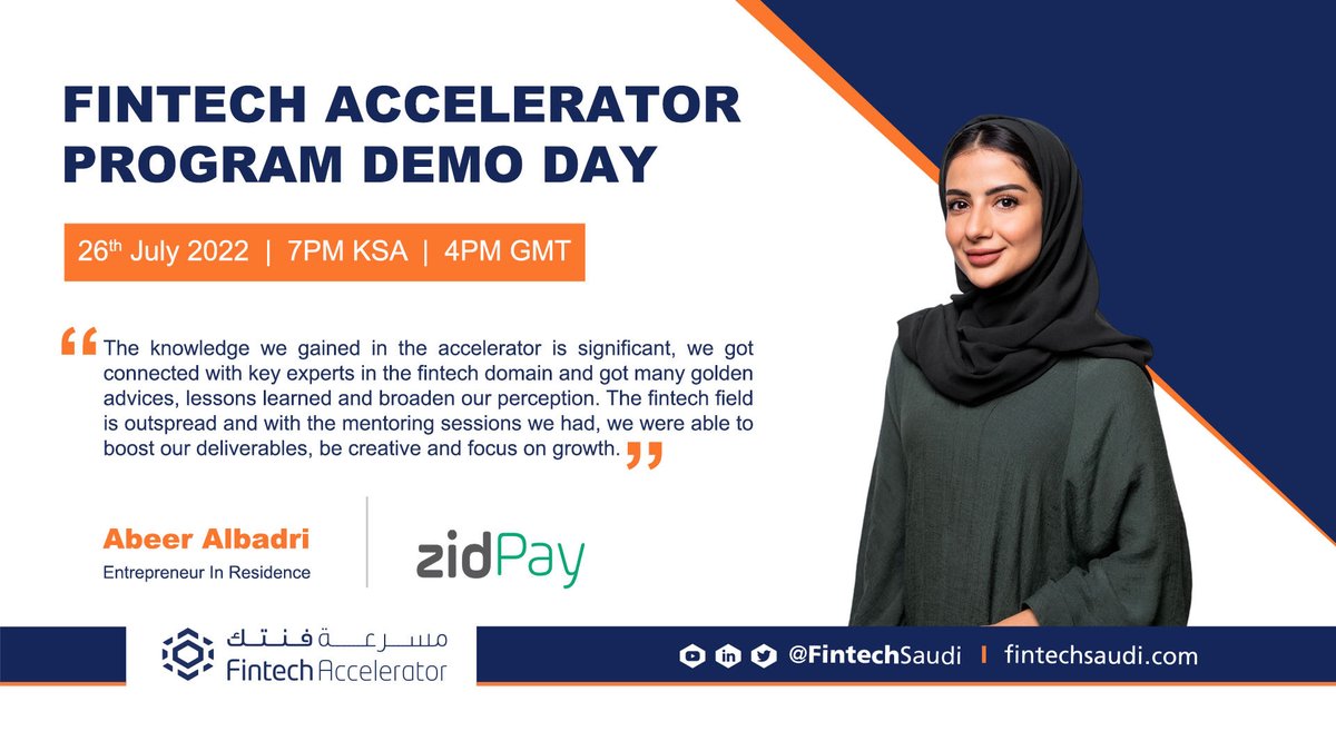FintechSaudi's tweet image. ZidPay was built to fulfill the specific needs of the modern retail merchants from the activation, to collection and boosting their growth
Get to know more about ZidPay through #FintechAccelerator Demo Day
Register to join the live stream through the link:
eventbrite.com/e/streaming-fi…