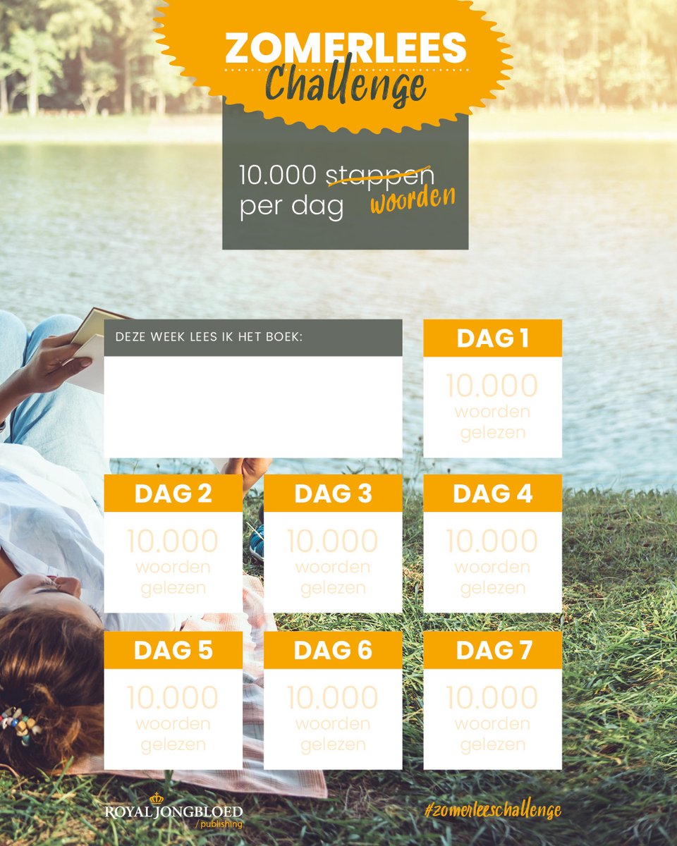 Doe mee met onze zomerleeschallenge! Download deze afstreepkalender op royaljb.com/zomer, kies jouw boek en lees 10.000 woorden per dag! In welk boek ga jij beginnen?

#lezenisleuk #zomerlezen #lekkerlezenindezomer #zomerleeschallenge #10000woordenperdag
