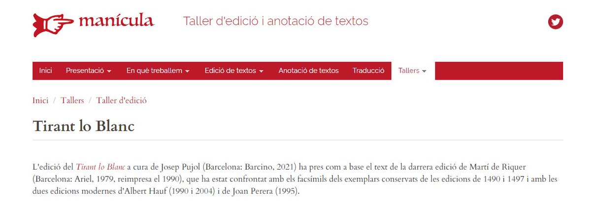 📢Notícies fresques!

Inaugurem el Taller d'edició de Manícula, i ho fem amb materials de la nova edició del 'Tirant lo Blanc' a cura de Josep Pujol (<a href="/EdBarcino/">Editorial Barcino</a>, 2021).

👉manicula.narpan.net/obres/tirant-l…