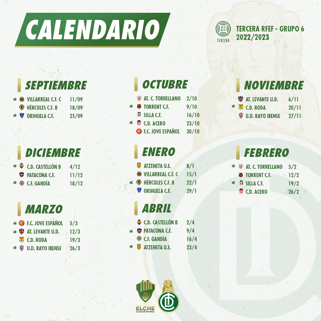 💚⚽️ 𝗖𝗔𝗟𝗘𝗡𝗗𝗔𝗥𝗜𝗢 #Ilicitano 

🗓 💯 Los partidos del filial en el año de nuestro 𝗖𝗘𝗡𝗧𝗘𝗡𝗔𝗥𝗜𝗢 🥰