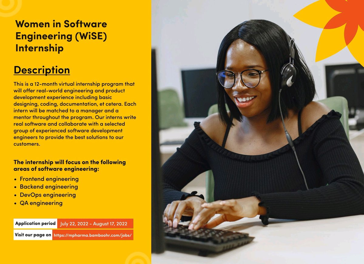 LarbJay's tweet photo. mPharma is launching it's 12-month virtual Women in Software Engineering Internship Program. Focus areas include #Frontend
#Backend #DevOps and #QA Engineering.

🧑🏽‍💻 Deadline: August 17, 2022

Apply here: https://t.co/HtiuOMDJgF
#TechIsHiring #remotework #twitit
#women #internship https://t.co/paLo24iHHC