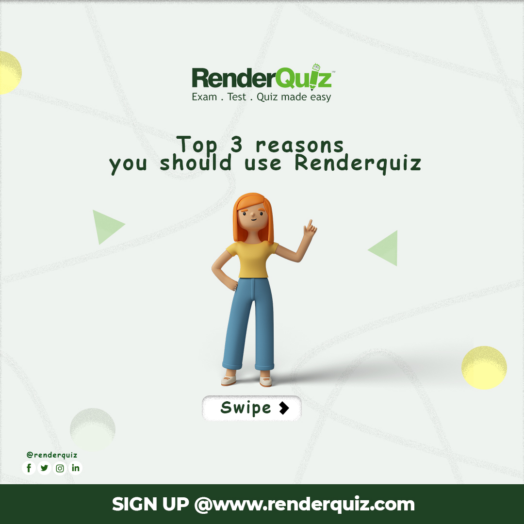 Renderquiz's tweet image. Top three(3) reasons you should use RenderQuiz ☺
Try it for free today at renderquiz.com

#renderquiz #onlinetest #onlineexams #onlinequiz #recruitment #collegestudents #lectures #University #EndASUUStrike