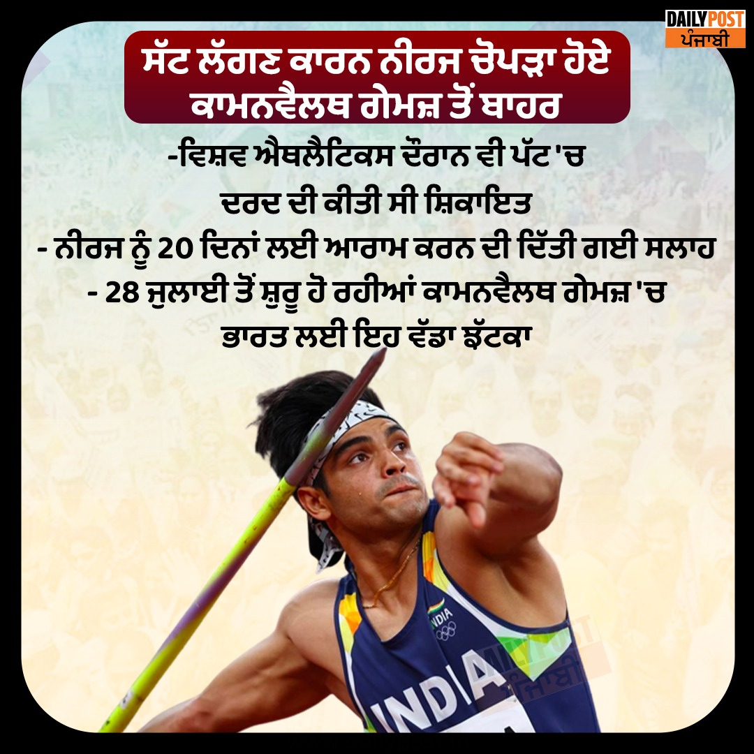 dailypostpunjab's tweet photo. ਸੱਟ ਲੱਗਣ ਕਾਰਨ ਨੀਰਜ ਚੋਪੜਾ ਹੋਏ ਕਾਮਨਵੈਲਥ ਗੇਮਜ਼ ਤੋਂ ਬਾਹਰ
#NeerajChopra #RulesOut #CommonWealthGames2022 #Injury #Dailypostpunjabi https://t.co/58VisY7Gy2