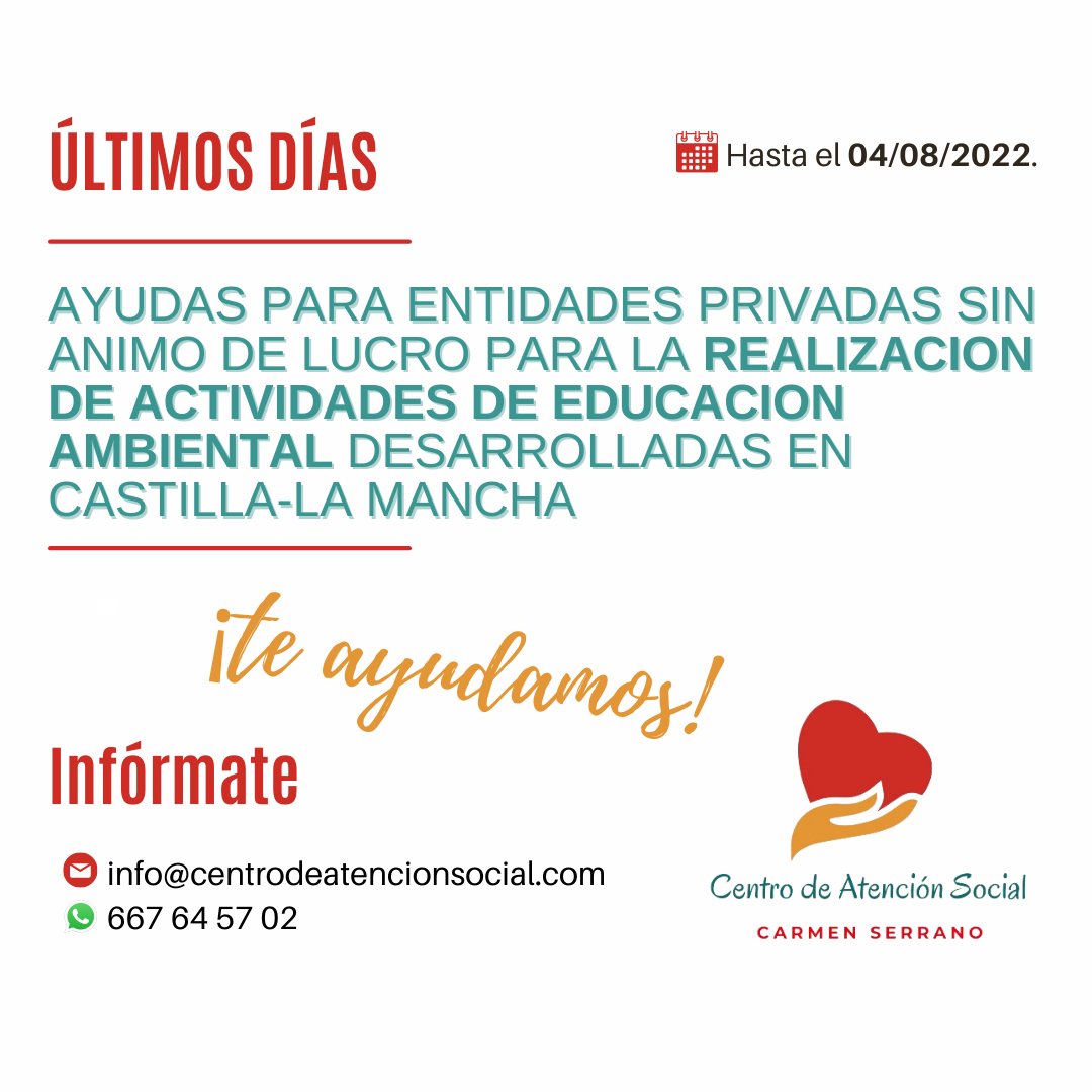 centrosocialab's tweet photo. ÚLTIMOS DÍAS SUBVENCIONES PARA #ASOCIACIONES 

ℹ️ #AYUDAS PARA ENTIDADES PRIVADAS SIN ANIMO DE LUCRO PARA LA REALIZACION DE ACTIVIDADES DE #EDUCACIONAMBIENTAL DESARROLLADAS EN CASTILLA-LA MANCHA 🌿

📆 Plazo: hasta el jueves 4 de agosto

📞 667 64 57 02
#CLM #CarmenSerrano https://t.co/D0KpbDLiTQ