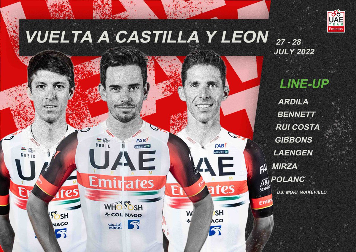 Here’s our line up for the two-day #VueltaCyL2022 🇪🇸: 🇨🇴 Camilo #Ardila 🇳🇿 @georgenbennett 🇵🇹 @RuiCostaCyclist 🇿🇦 @RyanGibbons23 🇳🇴 @VSLaengen 🇦🇪 @yousifmirza 🇸🇮 @PolancJan #UAETeamEmirates #WeAreUAE