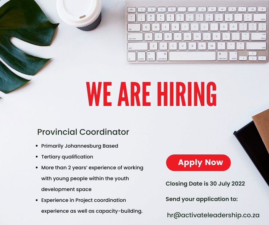 We are on the lookout for a Provincial Coordinator to join our team, see if you qualify, read the brief on the poster below 👇🏿

To download the full job description visit our website on the link below.

activateleadership.co.za/opportunities-…
 
Applications close on 30 July