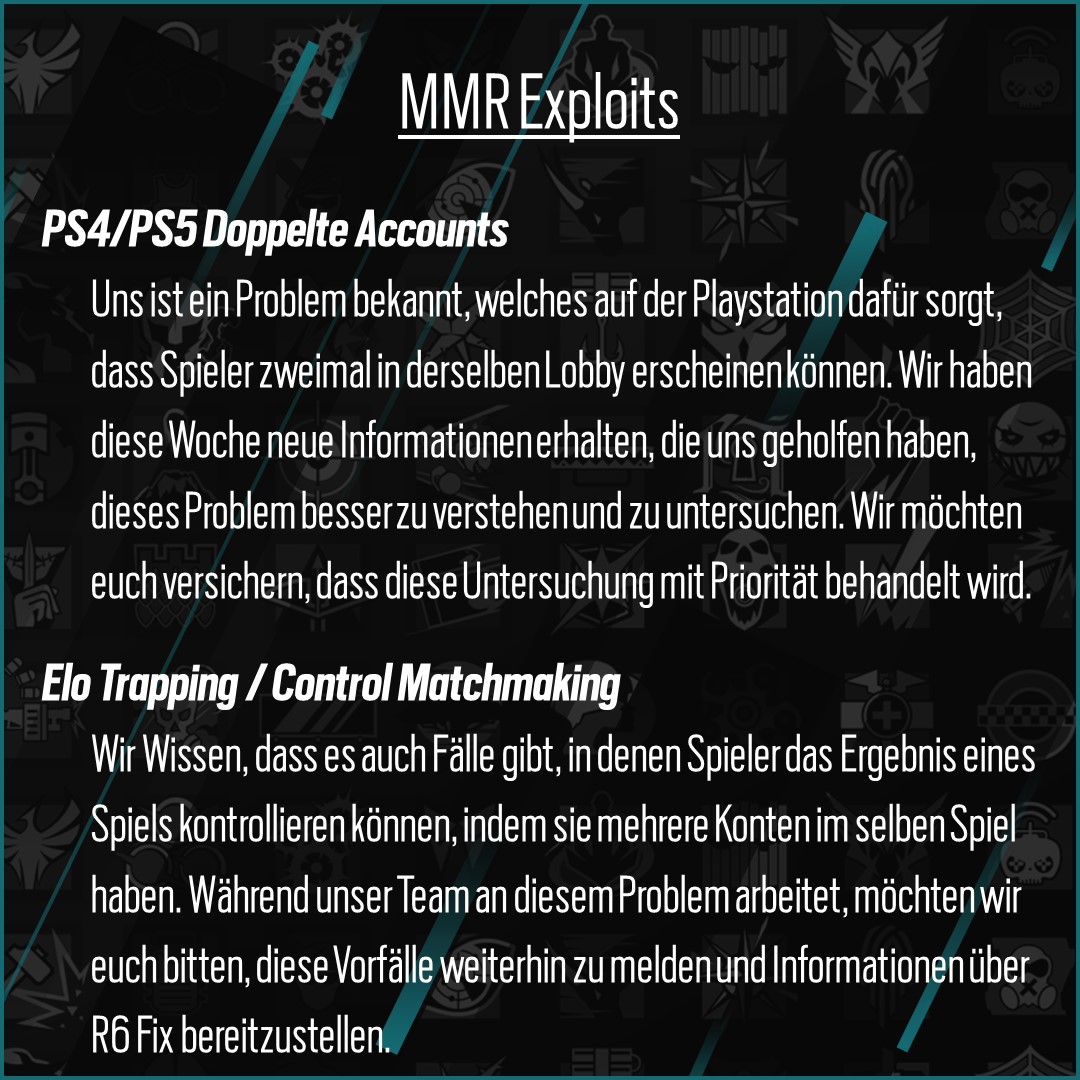 RainbowSixDE's tweet image. Wir möchten euch ein Update zu den von euch gemeldeten MMR-Problemen geben. ⬇️