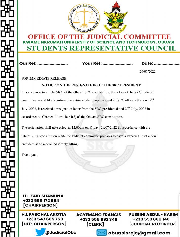 NOTICE ON THE RESIGNATION OF THE SRC PRESIDENT