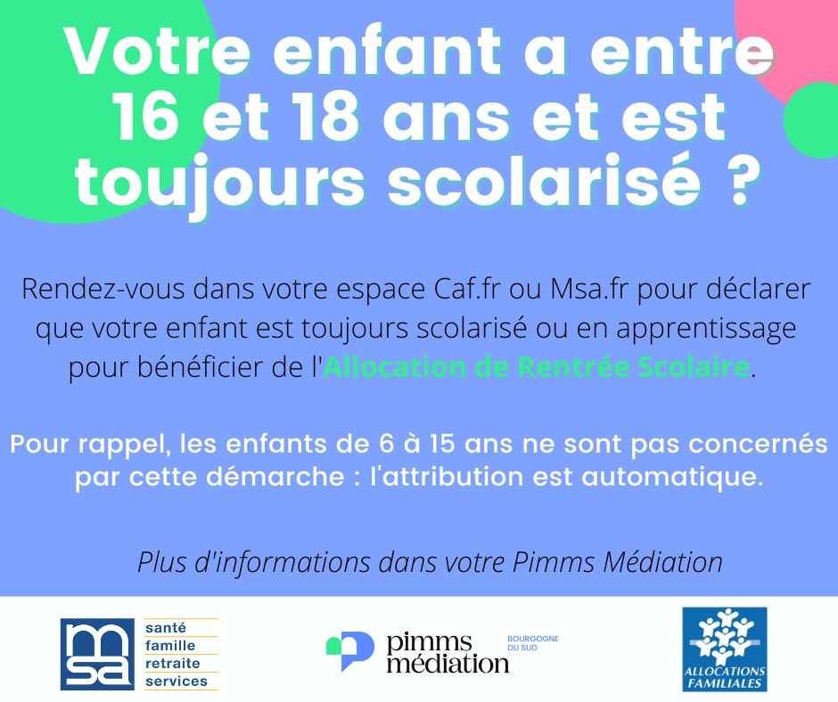 PimmsAmplepuis's tweet image. 📃Pour bénéficier de l’ARS si votre enfant est né entre le 16/09/04 et le 31/12/06, il faut déclarer qu’il est encore scolarisé. 

Pour les enfants de - de 6 ans, il suffit d'envoyer un certificat de scolarité à votre Caf ou Msa. 

#AllocationRentreeScolaire #CAF #MSA