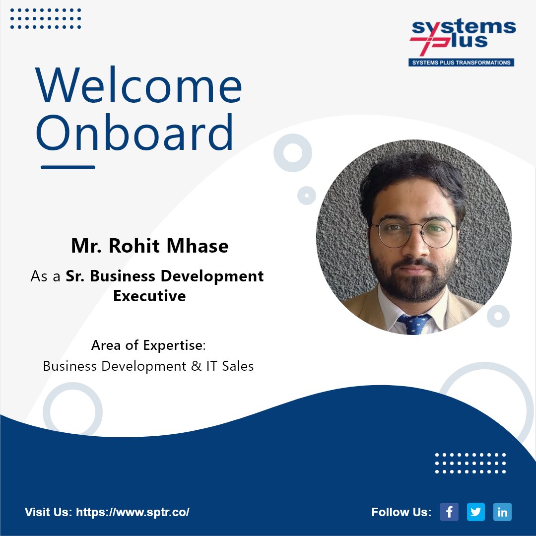 Sptr_Co's tweet photo. Congratulations Mr. Rohit Mhase on being a part of our dynamic team!
@Sptr_Co family welcomes you and we hope to have a long and successful journey together.
Welcome aboard!
#NewJoiners #Employees #Jobs #WorkForceSPTR #TeamSPTR #SystemsPlusTransformations https://t.co/X5fJnNRefW