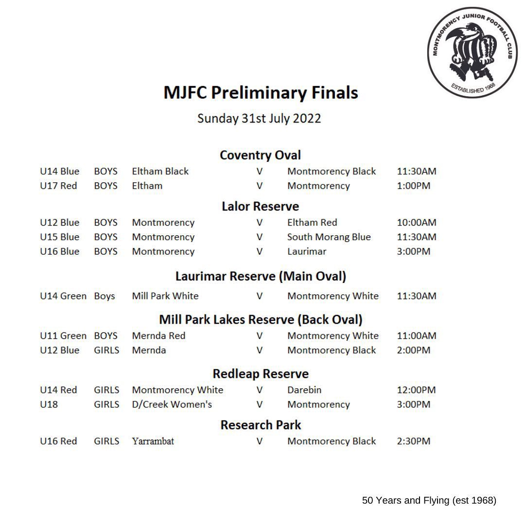 montyjfc's tweet photo. Do you Finals fever? MJFC certainly does.
11 of our 16 eligible teams are playing finals this week & extending their season.
Get out in your black and white and support all these legends
Good luck to all our teams
GO MONT 🖤🤍
#MJFC #NFNL #montmorencyjuniorfootballclub #gomont https://t.co/bo7eMls965