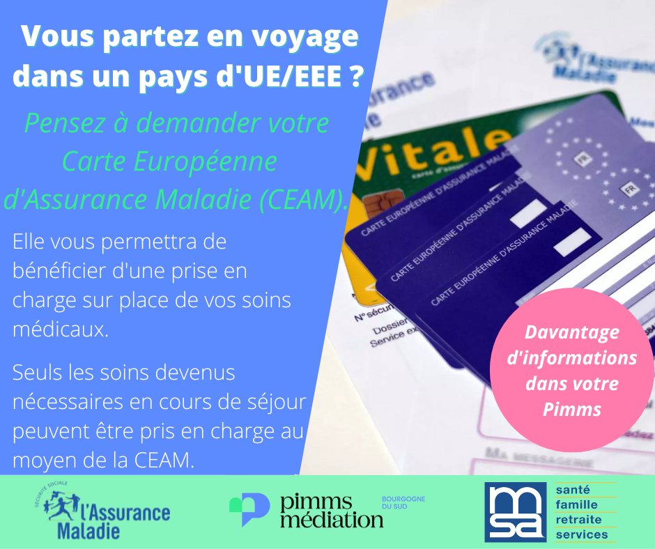 PimmsAmplepuis's tweet image. 🛬Vous voyagez dans un pays de l’UE ou de l’EEE ?

📑Demandez votre Carte Européenne d’Assurance Maladie :  pour cela, il suffit de vous connecter sur votre compte ameli.fr ou msa.fr.

📍 Prenez RDV dans votre Pimms Médiation.

#CarteVitale #Voyage