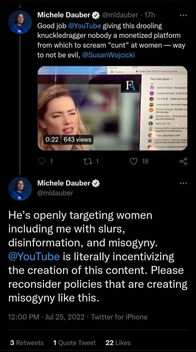 Michele Dauber: makes repeated tweets mocking and defaming Johnny Depp, targeting DUI Guy, reporting him to YouTube while encouraging her followers to do the same and limit income. 
DUI Guy responds. 
Michele: *cries* I'm being targeted!! Misogyny! 
Michele, it's embarrassing.