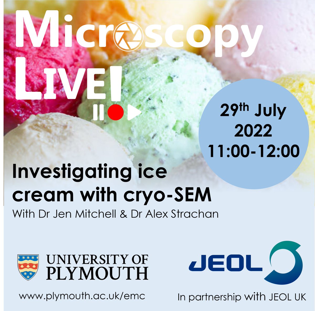 EMC_PlymUni's tweet photo. There's still time to register for our virtual #MicroscopyLive! event where we will be looking at #IceCream! This #event is happening this Friday 11-12pm and is free to attend, if you would like to join us please register here: https://t.co/ol5VU9oxnn 

#Outreach #SciComm #PEMC https://t.co/0krWeNGU5A