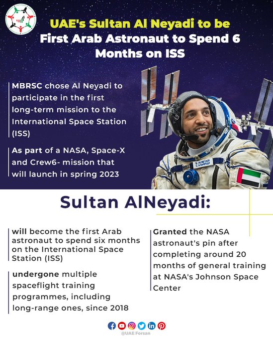 SalehBeela's tweet photo. A historic milestone! UAE astronaut Sultan al-Neyadi has been selected for a mission to spend six months aboard the #ISS. This will place UAE on the list of only 11 countries that have sent astronauts on long-term missions in space. 🙌🇦🇪
#UAE #FirstAstronaut #SpaceIndustry https://t.co/UJQiqUs9oK