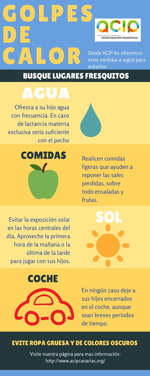 AcipCanarias's tweet photo. Desde #ACIP compartimos estas medidas a seguir para evitar los golpes de #calor. #AcipCanarias #pediatras #pediatria https://t.co/QYqdT7o8pp