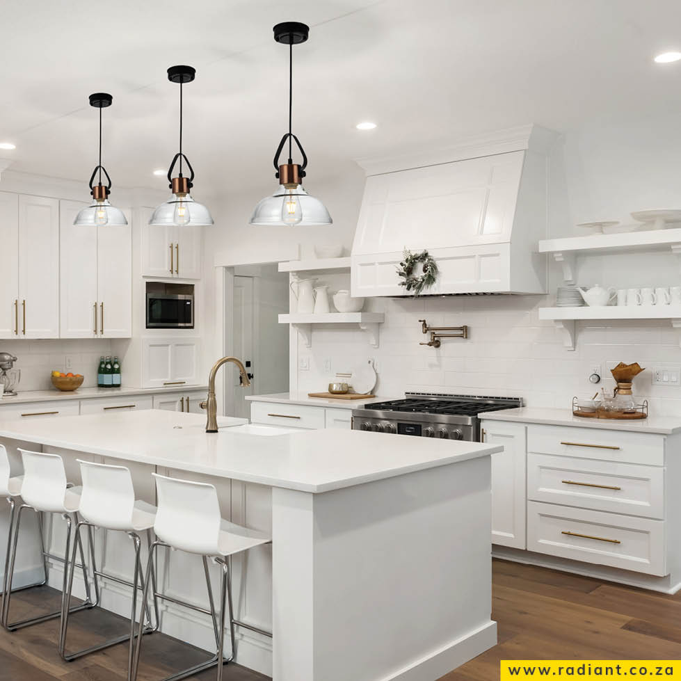 Kitchen island lighting calls for anywhere from 300 lumens per square metre or more. The lighting you choose for this space will be dependent on how big it is and what supplementing fixtures there are elsewhere in the room:
Product code RP117A: radiant.co.za/.../pendant-an…