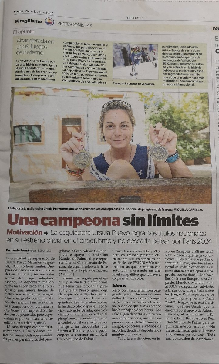 Tot un orgull d'esporlerina. <a href="/UrsulaPueyo/">Ursula Pueyo MArimon</a>, una esportista inaturable, que ara es passa al piragüisme 🚣‍♀️ Interessant article de <a href="/elnaandes/">Fernando Fernández</a>