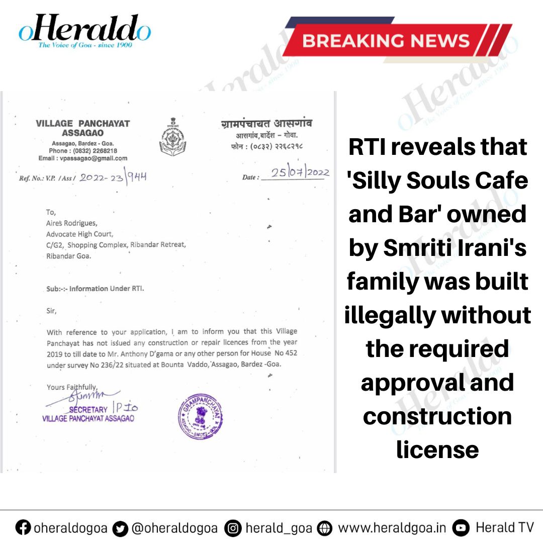 oheraldogoa's tweet photo. #RTI reveals that 'Silly Souls Cafe and Bar' owned by #SmritiIrani's family was built #illegally without the required approval and construction license
#Goa #BreakingNews https://t.co/pZpRyIh2ux