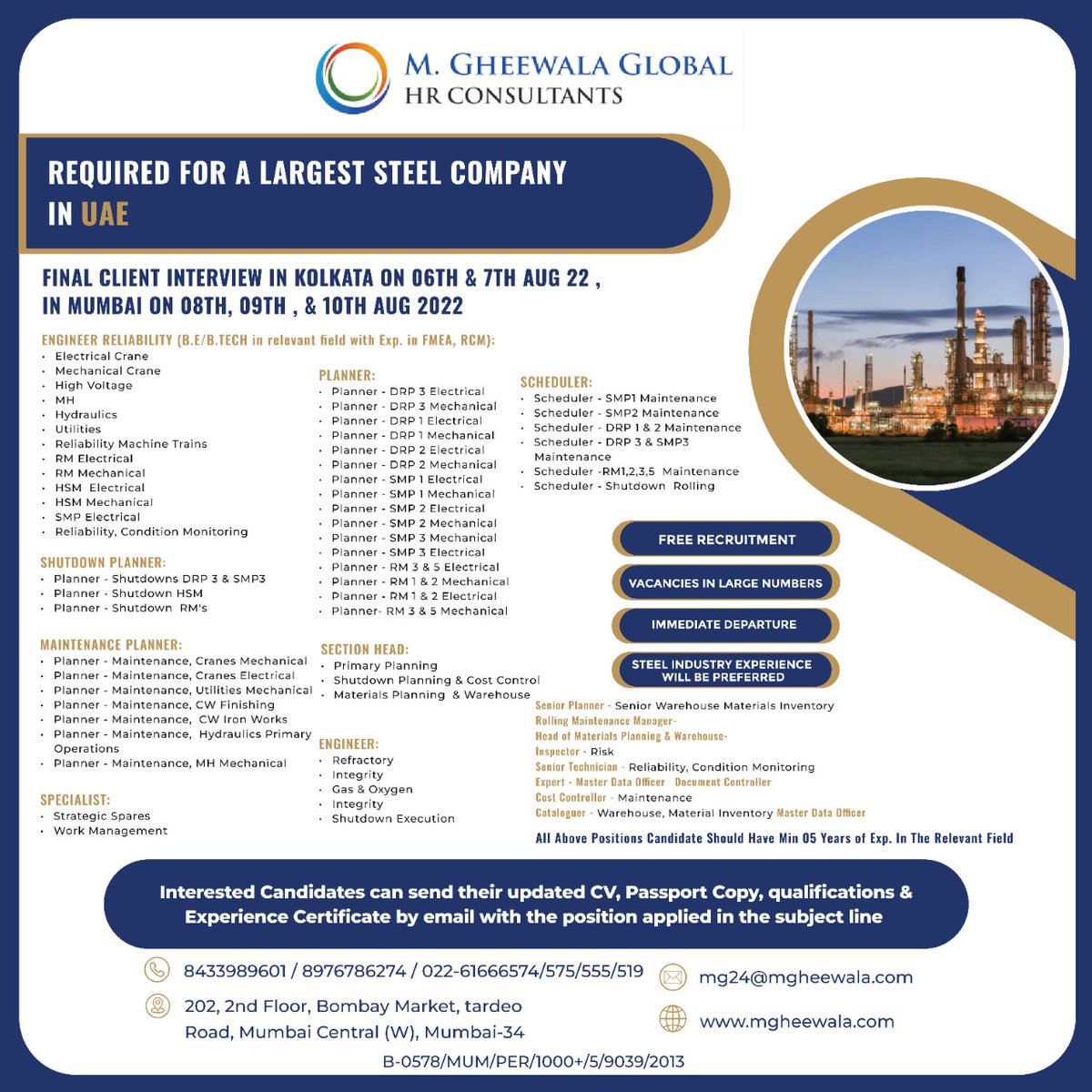 mgheewala_hrc's tweet photo. Job Vacancies for #UAE
Interested Candidates can send the updated resume to mg24@mgheewala.com
Learn More https://t.co/Ps4bxv2mB1
#craneoperator #mechanicalcraneoperator #shutdownplanner #maintenanceplanner #mechanicalplanner #sectionhead #engineer #scheduler #materialplanner https://t.co/l5RyyaS5cO