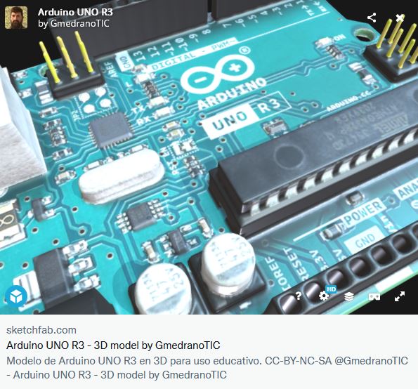 Mi modelo3D de la conocida <a href="/arduino/">Arduino</a>
 UNO R3 creado para explicar sus partes de forma digital.

Comparto al #claustrovirtual para poder mostrarla en en clase y guiar sus conexiones:

skfb.ly/owzUz

PD: Los 3D de electrónica son #rocknroll 😅😅

 #AdF_es #FCL_eu #CodeWeek