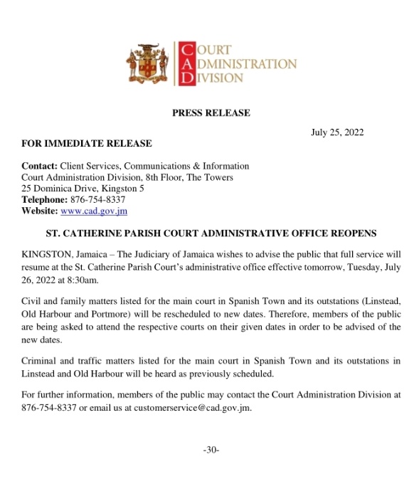 Full service is to resume today at the St. Catherine Parish Court’s administrative office after its operation was disrupted by Sunday's fire at the facility. <a href="/mojofficialjm/">Ministry of Justice, Jamaica</a> <a href="/JamaicaConstab/">Jamaica Constabulary Force</a> @jambar2022