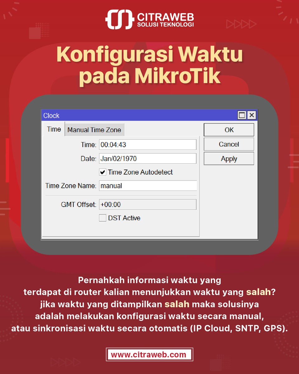 citraweb_com's tweet image. Ketidak sesuaian waktu antara Router MikroTik dengan keadaan nyata akan mengakibatkan rule yang kita buat tidak berjalan sesuai kebutuhan. 
Pelajari cara menanganinya melalui:
citraweb.com/artikel/55/
citraweb.com/artikel/192/

#NetworkTimeProtocol #MikrotikTutorial #Citraweb