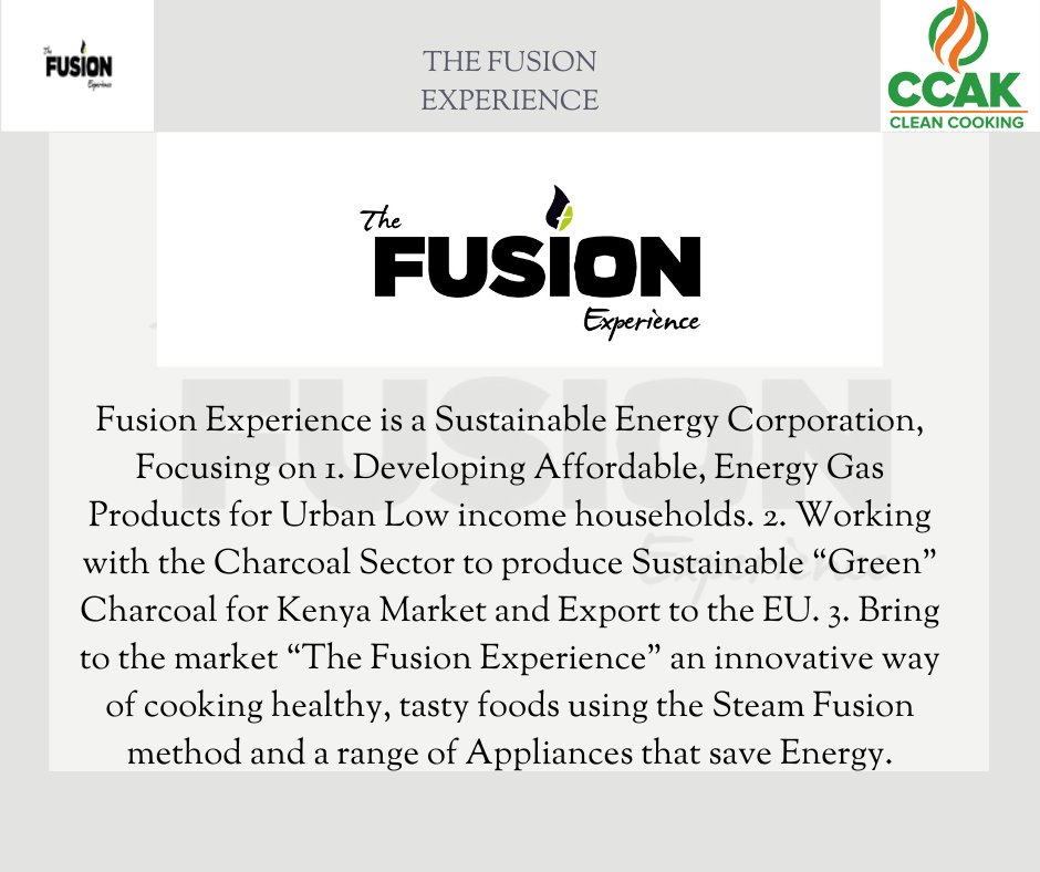 The Fusion Experience is out to modernize the charcoal sector and supply all cooking energy needs, including LPG and sustainably produced charcoal to millions of urban low-income households in Kenya. Keep it up! regards from <a href="/CleanCookingKe/">Clean Cooking Association of Kenya</a>