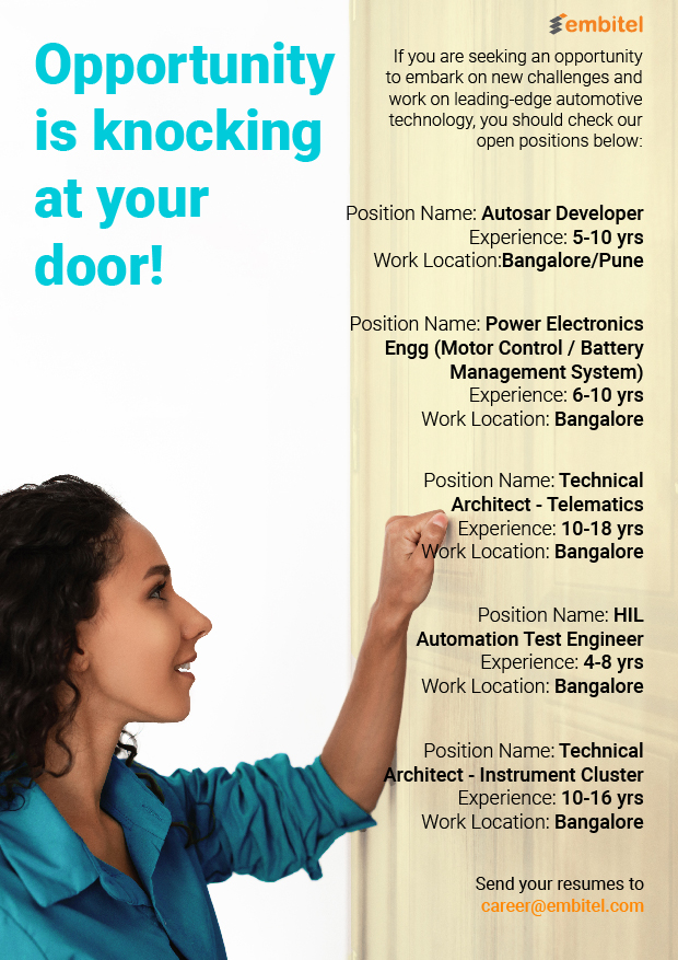 New #jobopenings - We are hiring for various positions in our #automotive &amp; #IoT teams. Check out the details in the poster below. Interested candidates can send their resumes to career@embitel.com.
#autosar #motorcontrol #batterymanagementsystem #telematics #automotivetesting