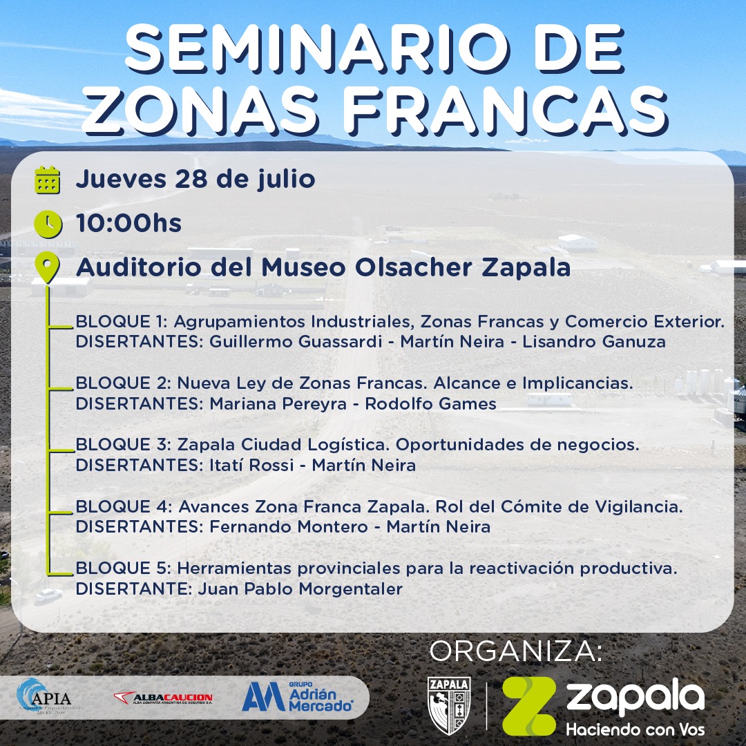 Este jueves en Zapala, en el auditorio del Museo <a href="/ZapalaCiudad/">Municipalidad de Zapala</a> organiza este Seminario que sirve para seguir trabajando en la difusión de los beneficios de la #ZonaFrancaZapala 
<a href="/Adeneu/">Centro PyME-ADENEU</a> informará sobre las herramientas de reactivación productiva disponibles