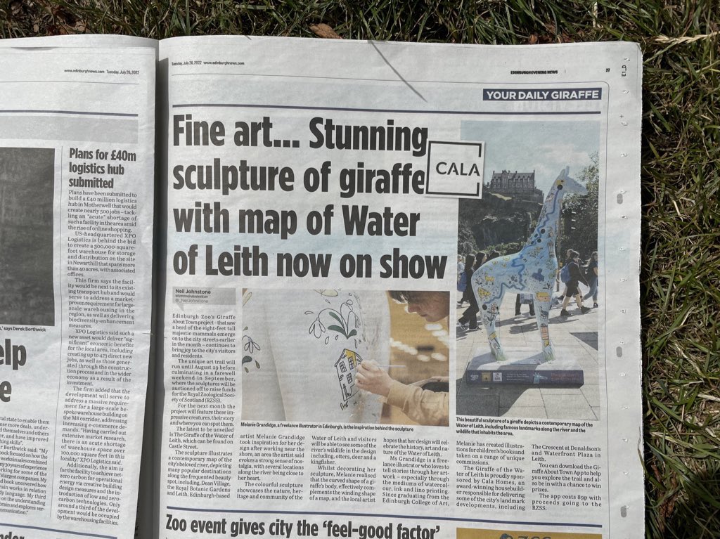 I’m in the newspaper! Thank you to @_NeilJohnstone from the @edinburghpaper for this lovely article about my @CALAHOMES giraffe. 🦒 📰 #GiraffeAboutTown