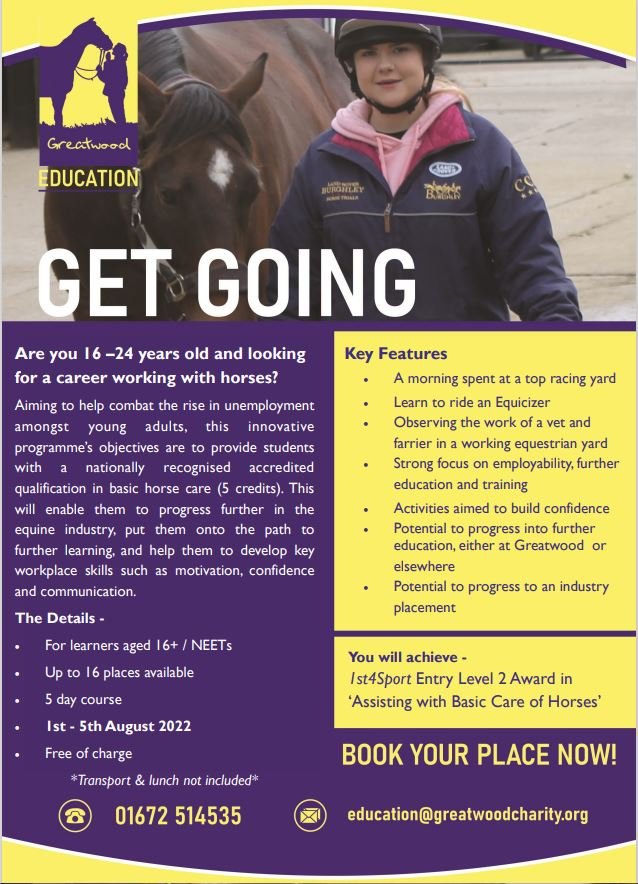 We still have a few FREE places left on our highly successful 1st4sport accredited GET GOING programme running next week.  No previous experience with horses needed.
For more info or to book your place please contact:
☎️01672 514535
📧alex.shaw@greatwoodcharity.org
#tuesdayvibe