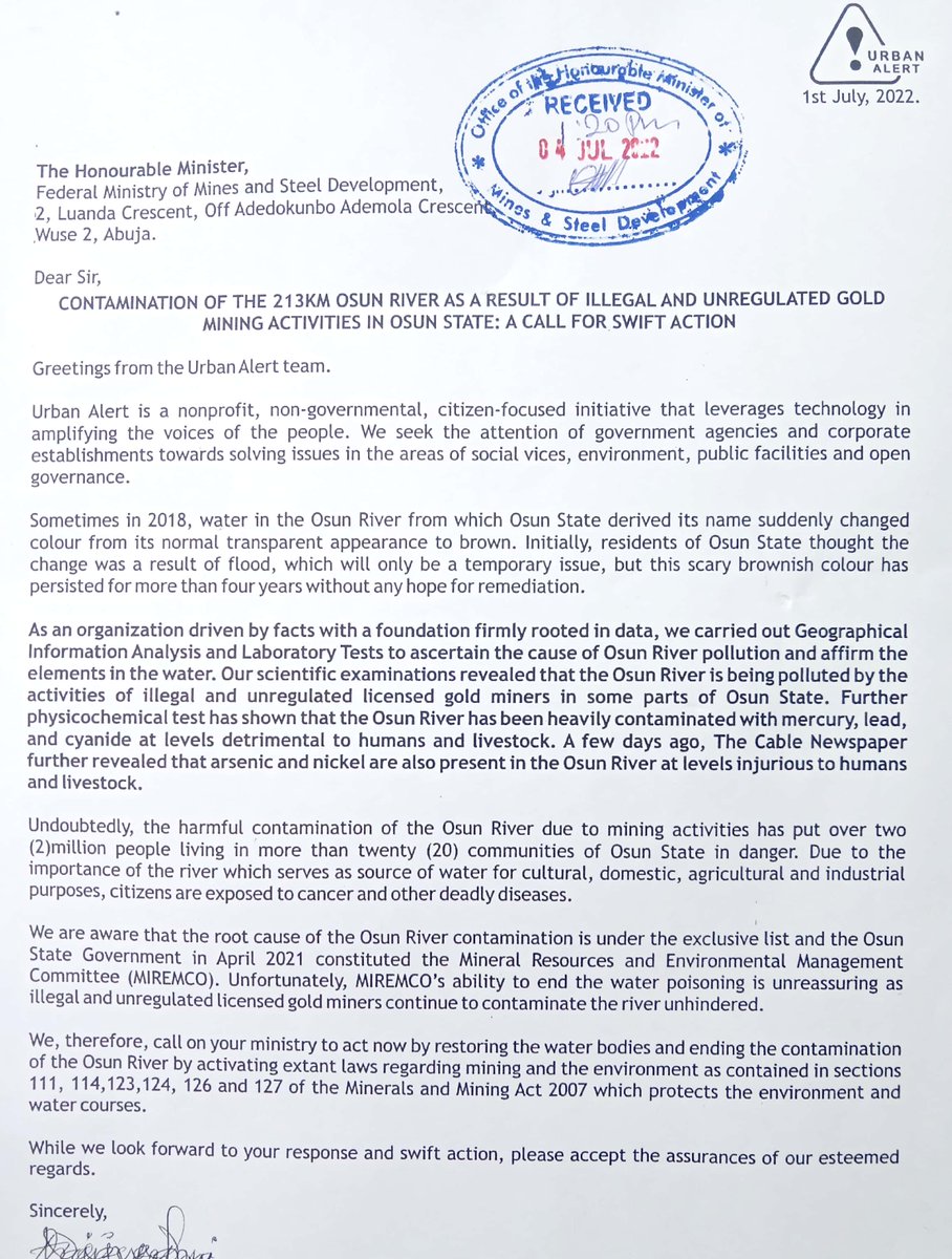 UrbanAlert's tweet photo. Honourable Minister, Arc @_LekanAdegbite,

You have been formally informed about the contamination of the iconic Osun River and its effects on over 2million people living in more than 20 communities in Osun State.

#SaveOsunRiver https://t.co/34OJtJmy7O