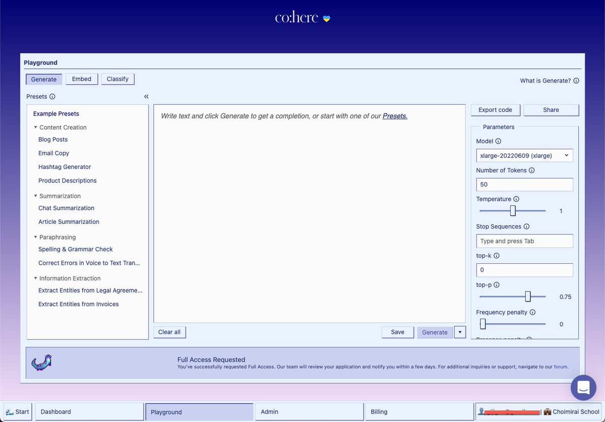 GPT-3の本と関連して新しく発見した LLM（Large Language Model）サービスが、 @CohereAI  。新しくアカウントを作る（👉https://t.co/dfrBQo9BYB）と$75のクレジットがもらえるのでご興味のある方はどうぞ。  これからもこうした言語モデルは増え続ける。自分に合った ...